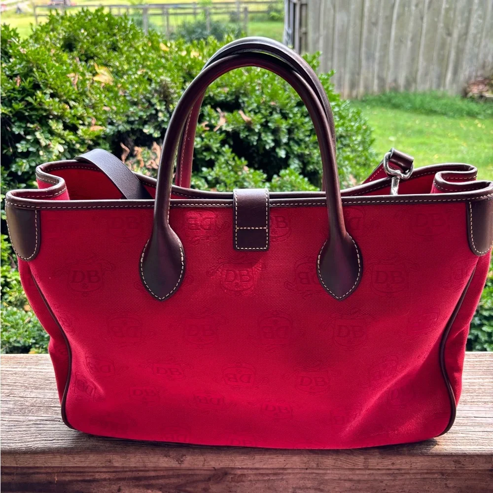 Dooney & Bourke Large Dark Red Monogram Canvas Tote Bag with Brown Leather Trim - Picture 4 of 12